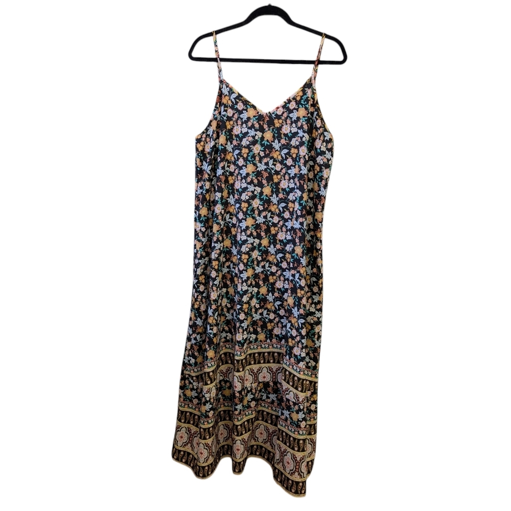 Black Multicolor Floral Print Spaghetti Strap Maxi Dress 1X